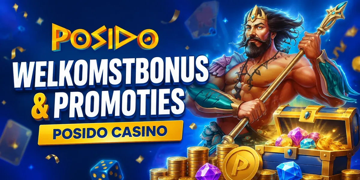 Welkomstbonus en promoties bij Posido Casino: Poseidon met drietand bij een schatkist vol munten en edelstenen