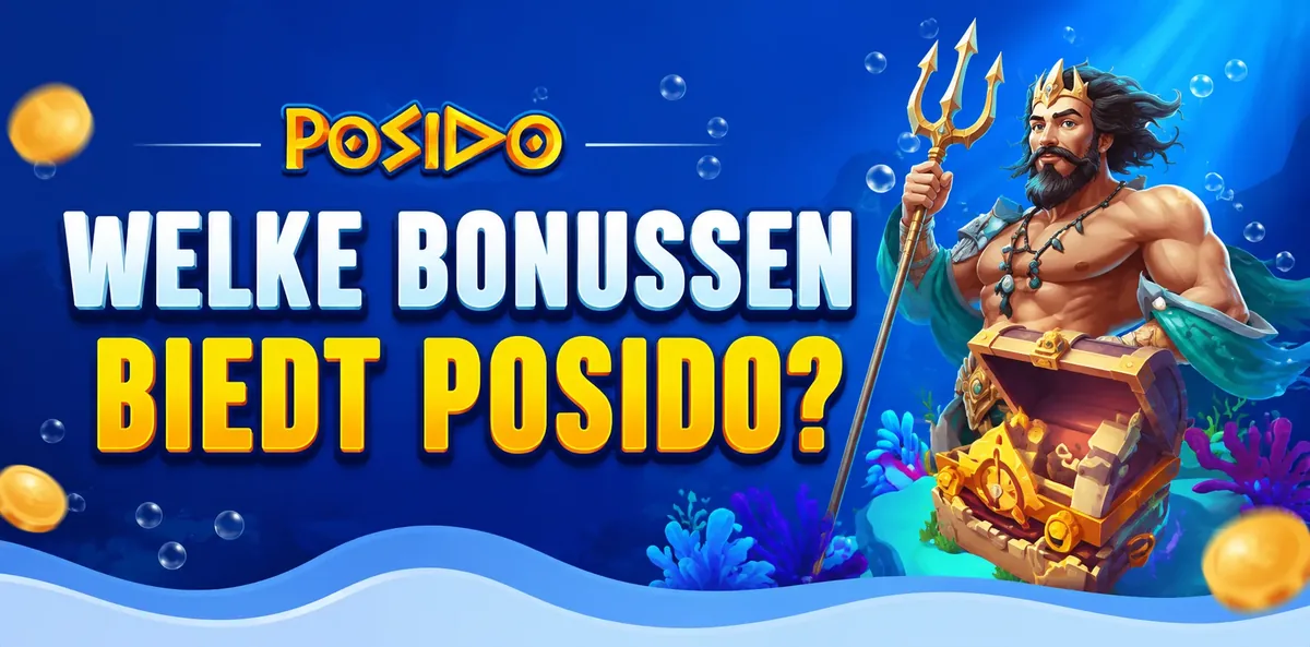 Welke bonussen biedt Posido Casino: Poseidon met drietand bij een gouden schatkist en munten