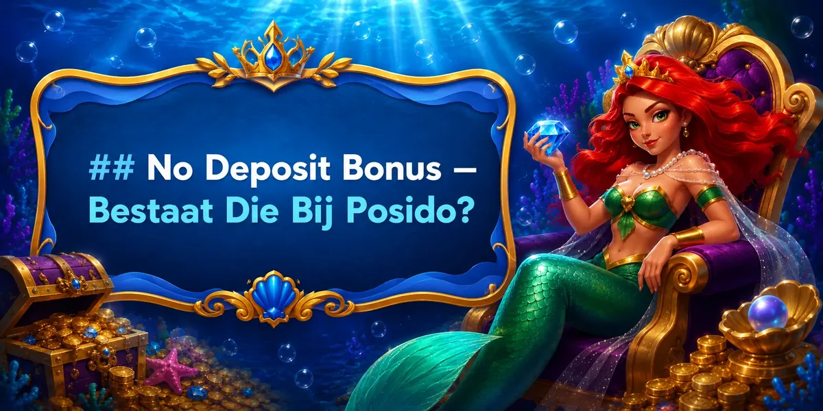 No deposit bonus bij Posido Casino: zeemeermin op een gouden troon met schatkisten en munten