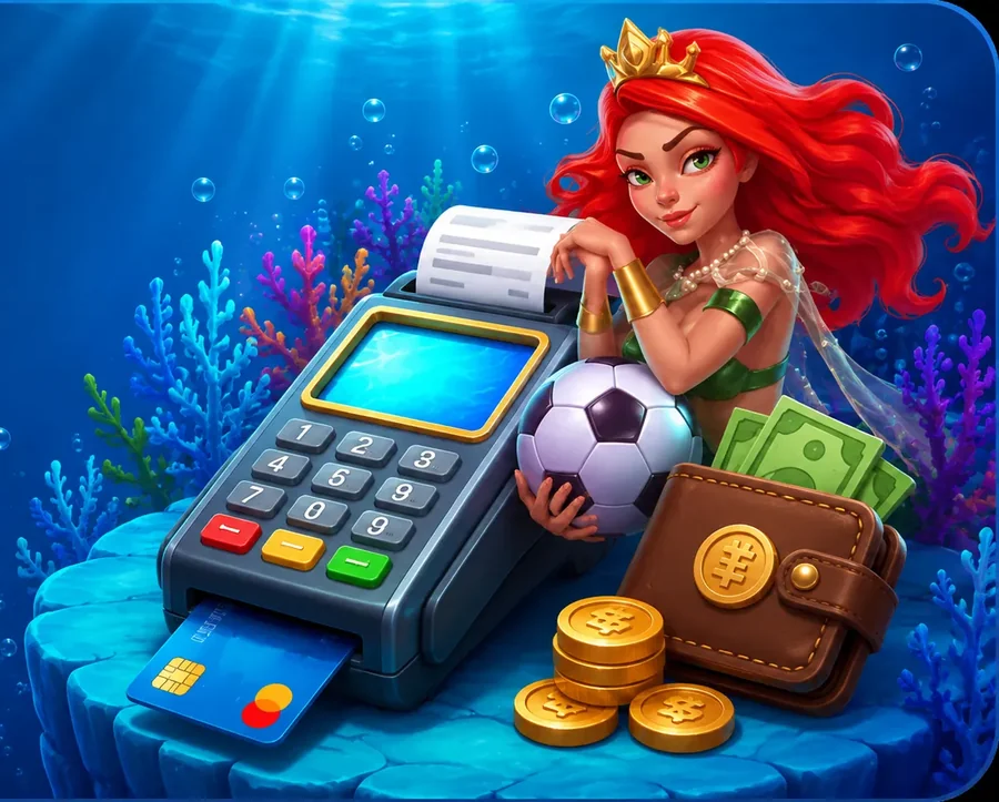 Betaalterminal met bankpas, munten, portemonnee en bonnetje onder water — betaalmethoden bij Posido Casino
